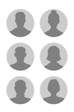 Erkek ve kadın avatar seti. Erkek ve kadın siluetleri. İnsanların profilleri soyut. Bilinmeyen ya da isimsiz kişiler. Vektör illüstrasyonu