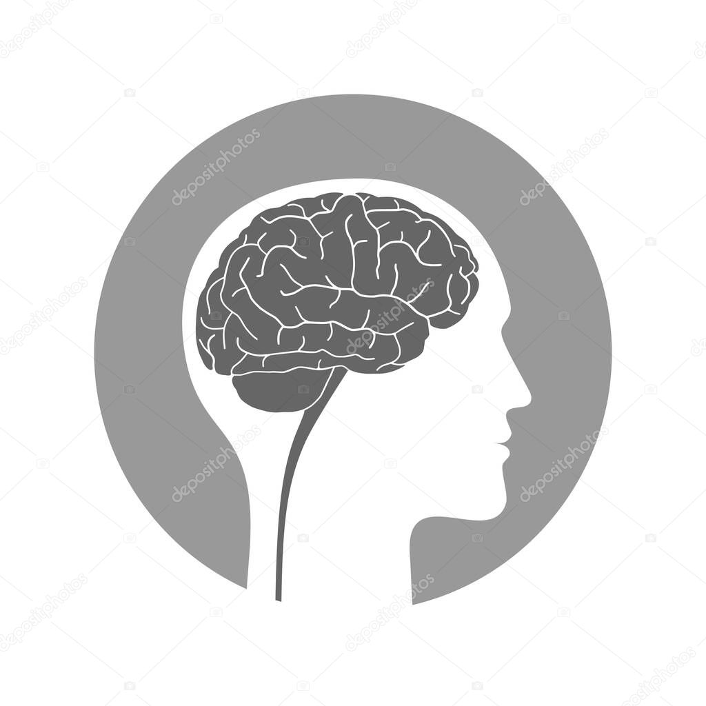 Silhouette human with brain. Profile man with brain sign in the circle isolated on white background. Reasonable man. Vector illustration