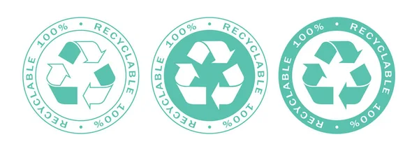 Переробляється 100 Набір Значків Міток Перероблені Біорозкладані Пакувальні Логотипи Ізольовані — стоковий вектор