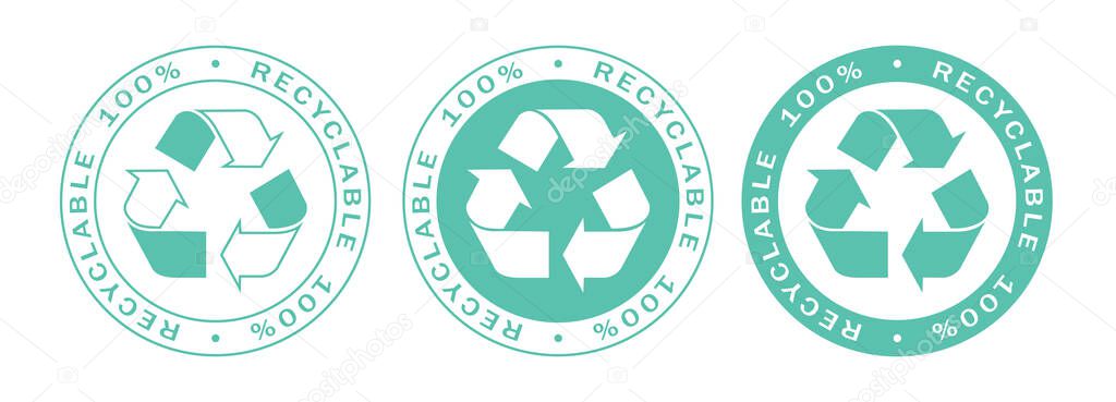 Recyclable on 100% label stamps icon set. Recyclable and biodegradable packaging logo signs isolated on white background. Vector illustration