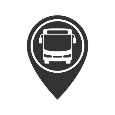 Harita işaretleyici grafik simgesindeki otobüs. Otobüs durağı işareti beyaz arkaplanda izole edildi. Vektör illüstrasyonu