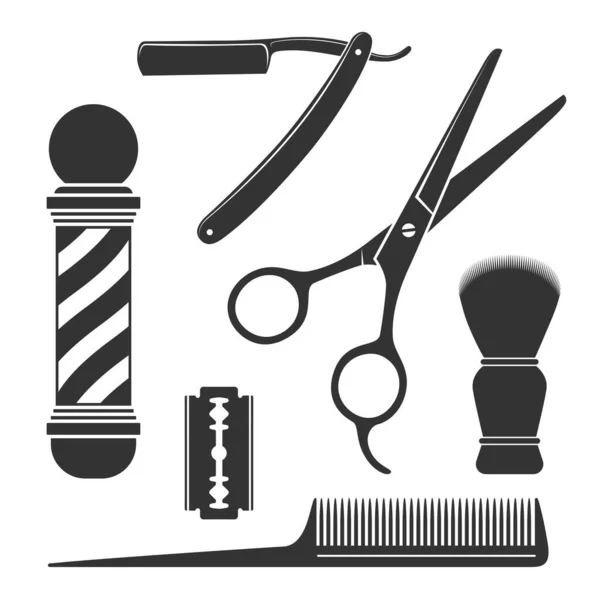 Símbolos Barbería Conjunto Iconos Gráficos Herramientas Barbero Tijeras Navaja Afeitar — Vector de stock