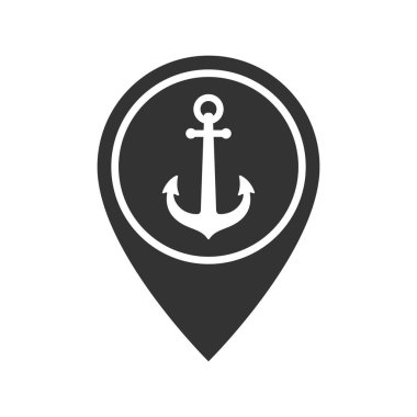 Harita işaretleyicisinin çapası grafik simgesi. Liman sembolü. Beyaz arka planda izole edilmiş işaret. Vektör illüstrasyonu