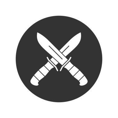 Avcı bıçakları grafik ikonu. Çemberdeki çapraz bıçak işaretleri beyaz arka planda izole edilmiş. Vektör illüstrasyonu