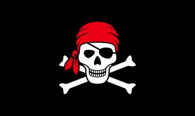 Sembol Jolly Roger. Siyah arka planda beyaz kafatası ve kemikleri olan korsan bayrağı. Vektör illüstrasyonu