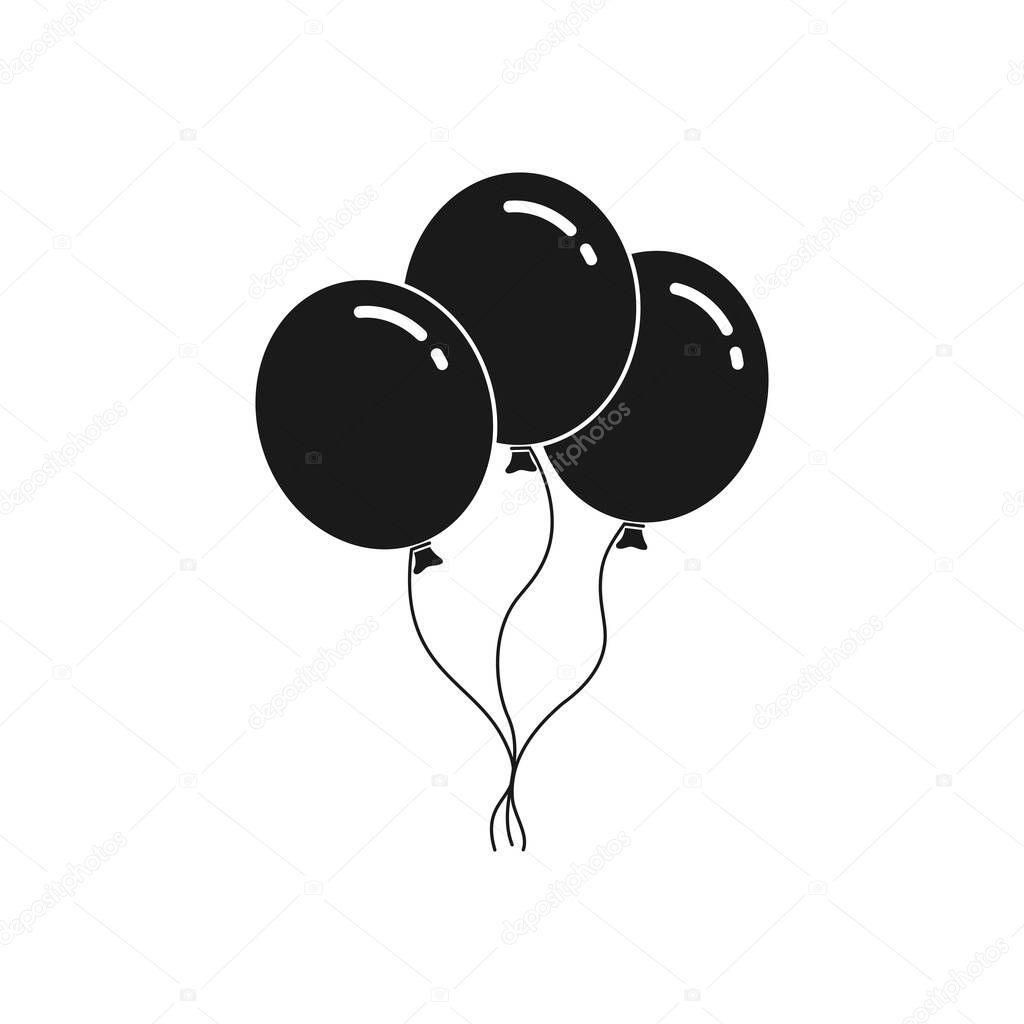 Three black balloons graphic icon. Balloons sign isolated on white background. Vector illustration