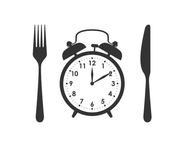 ランチコンセプトのグラフィックポスターの時間 白い背景にフォークと目覚まし時計のサインが隔離されたナイフ ベクターイラスト — ストックベクタ