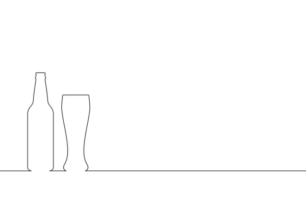 Bierflasche Und Bierglas Umreißen Den Tisch Kontur Auf Weißem Hintergrund — Stockvektor