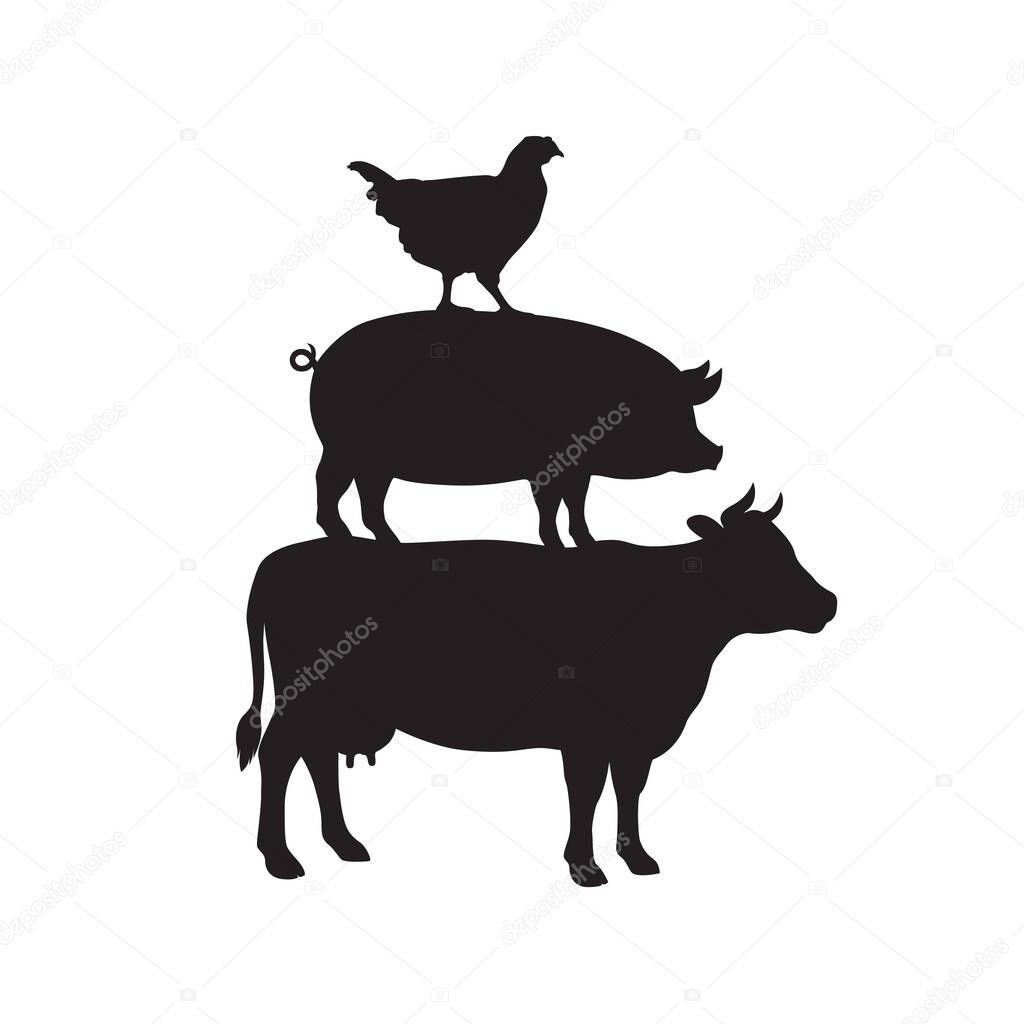 Domestic livestock graphic symbol. Pyramid from cow, pig and chicken sign isolated on white background. Livestock symbol. Vector illustration