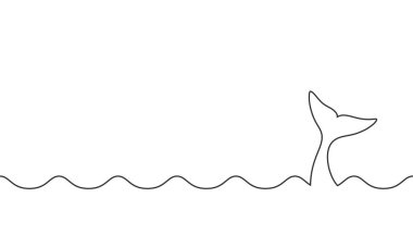 Dalgalar arasındaki balina kuyruğu grafik simgesi. Beyaz arka planda balina kuyruğu işareti. Deniz hayatı geçmişi. Vektör illüstrasyonu