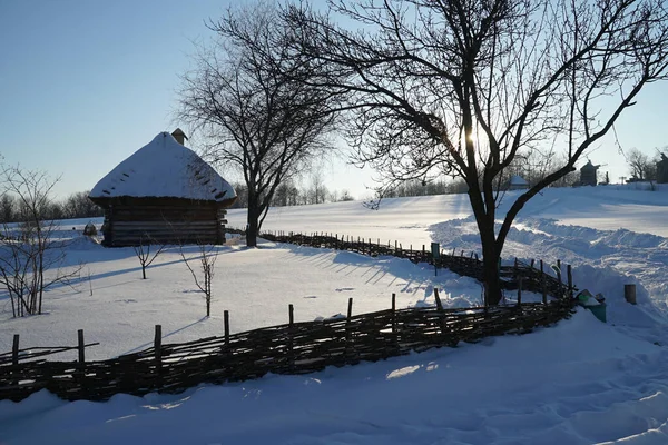 Wonderful winter landscape with wooden houses. Winter village. Frosty trees in warm sunlight. Picturesque natural landscapes.