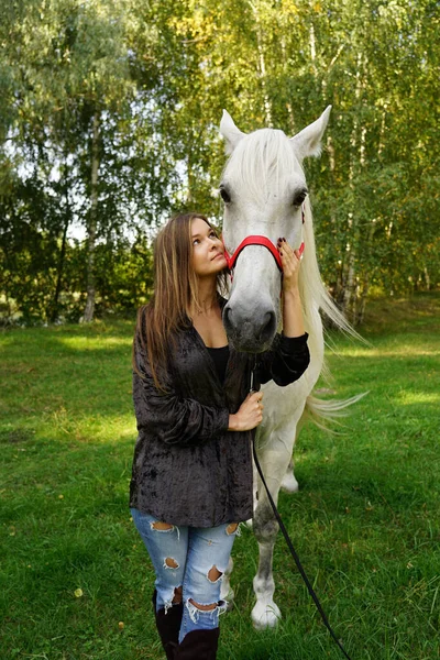 Hermosa Chica Bosque Soleado Otoño Caminando Con Caballo Blanco —  Fotos de Stock