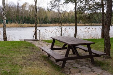 Bahar parkında boş bir bank. Şehir sorunlarından kaçmak için mükemmel bir yer..