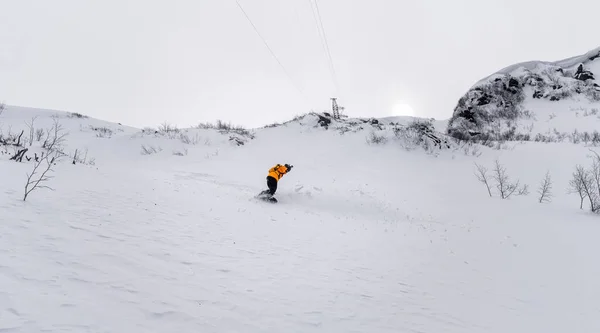 Parlak bir takım elbise içinde bir snowboard 'a biner. Büyük kar damlaları olan bir snowboard' a biner.