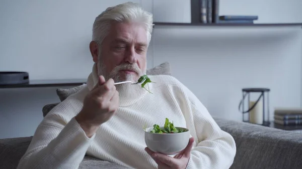 Homem idoso se sentir feliz desfrutar de comer dieta comida salada fresca no sofá — Fotografia de Stock