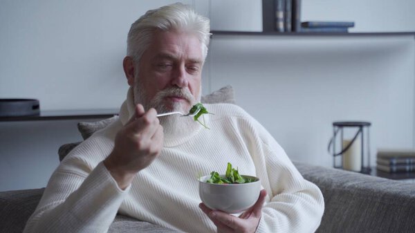 Elderly man feel happy enjoy eating diet food fresh salad on sofa