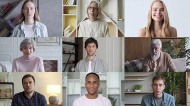 Sosyal uzaklık üzerinden sohbet. Çalışma arkadaşlarıyla video konferans teknolojisi kullanan çok ırklı grup üyeleri.