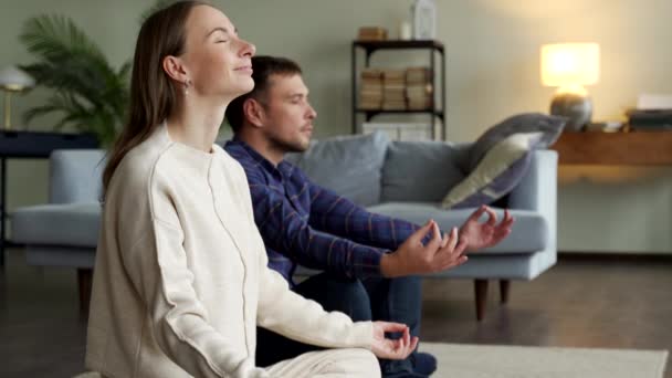 Praktyka jogi online. Para medytująca w domu przy laptopie — Wideo stockowe