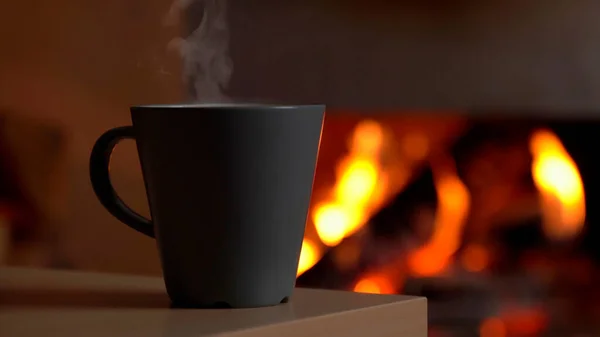 Tazza per tè o caffè, vicino accogliente camino, in casa di campagna — Foto Stock