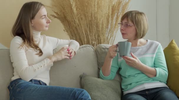 Mère âgée avec une tasse dans les mains est assis sur le canapé avec sa jolie jeune fille, qui la regarde avec intérêt, parler — Video