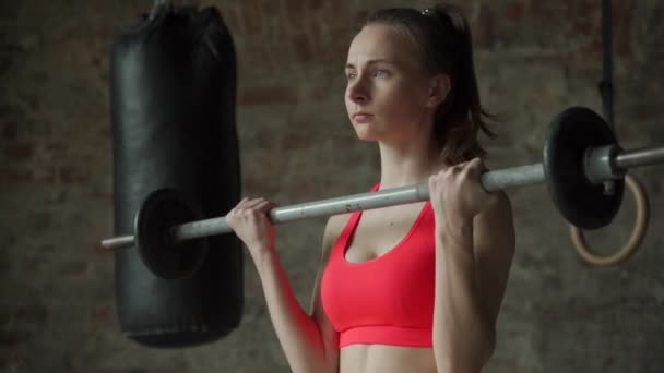 Ung kvinna lyfter skivstången gör biceps på gymmet. Fitness kvinnlig träning i gym — Stockvideo