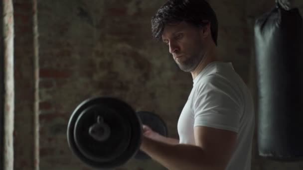 Athlète homme faisant biceps haltérophilie dans une salle de gym. bodybuilder homme athlétique. — Video