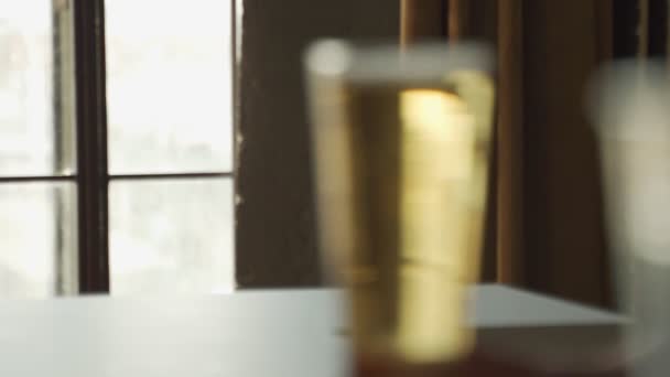 Barmen adam barda kadın müşteriye bir bardak bira veriyor. — Stok video