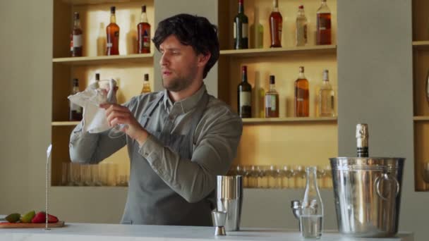 Barkeeper wischt ein leeres Martini-Glas mit einer sauberen Serviette ab — Stockvideo