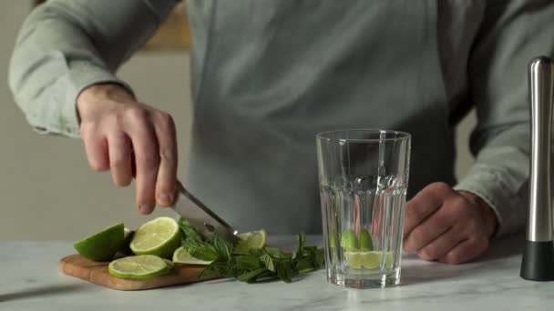 Barman dává limetku a mátové lístky do sklenice, aby mojito koktejl — Stock video