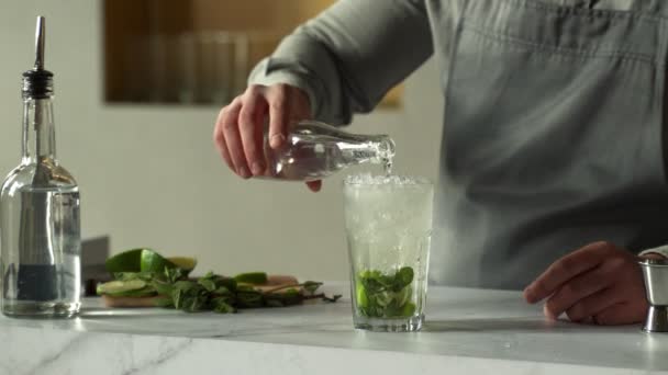Barman nalévá sodovku do mojito koktejlu a zdobí citrónem a mátou — Stock video