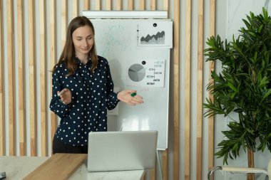 İş kadını tahtaya yazı yazıyor ve video görüşmesi yapıyor. Kadın koç öğretmenler öğrenciler şirket çalışanlarının uzaktan internet kameraları