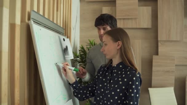 Σοβαρή επιχειρηματίας που γράφει στον πίνακα ενώ εργάζεται σε ένα έργο με έναν συνάδελφο — Αρχείο Βίντεο