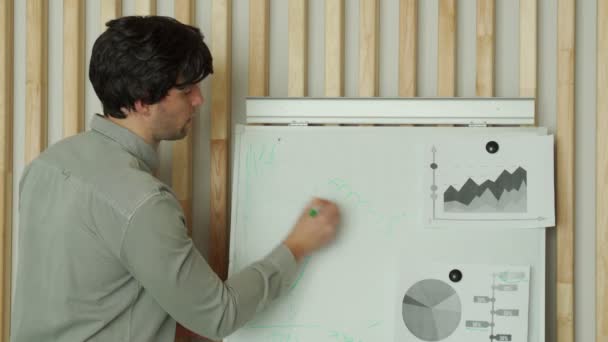 Zakenman in een shirt schrijft op een schoolbord met een stift terwijl hij een gesprek voert met collega 's in een kantoor, terwijl de kantoormedewerkers en managers goed naar hem luisteren op kantoor. — Stockvideo