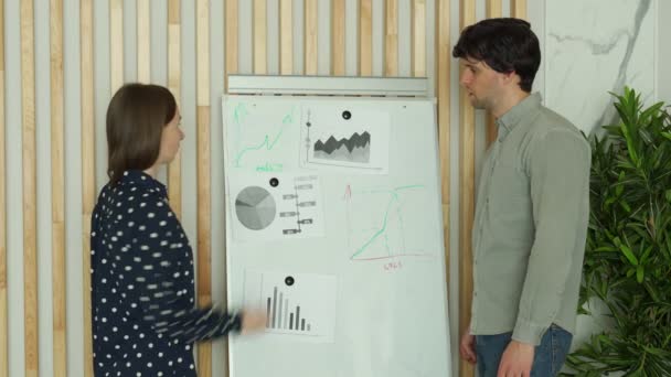 经理和一个女人在黑板上描述公司的优化计划，在一个现代化的办公室里起草 — 图库视频影像