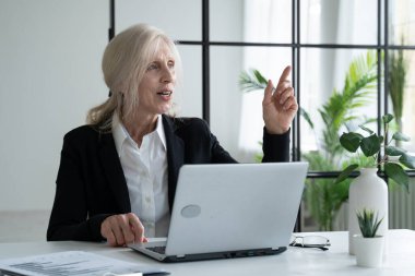 Elderly gray-haired woman uses a laptop comes up with an idea. Businesswoman working in a modern office.