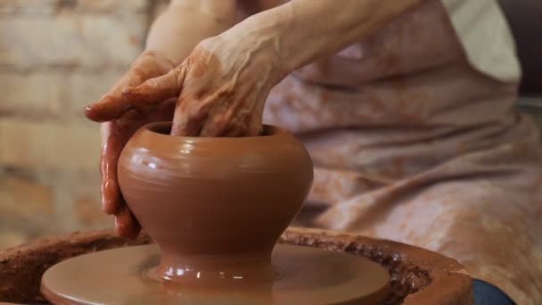 Beeldhouwer in de studio maakt een klei pot close-up. Senior vrouw beeldhouwt een kom achter een draaiend pottenbakkerswiel — Stockvideo