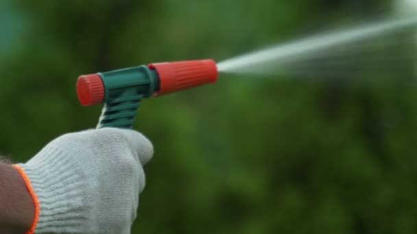 Jardinería y mantenimiento: primer plano de las manos del hombre con manguera que riega el césped — Vídeo de stock