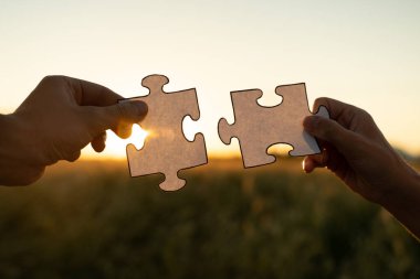 Yeni fikir ve sistem. Kadınların elleri gün batımının arka planında bir yapboz oluşturur.