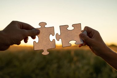 Yeni fikir ve sistem. Kadınların elleri gün batımının arka planında bir yapboz oluşturur.