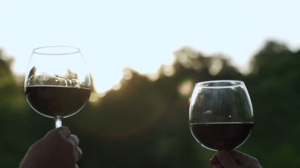 Twee handen toasten op rode wijnglazen. Toast en klinkende glazen. De stralen van de zon worden weerspiegeld in de glazen — Stockvideo