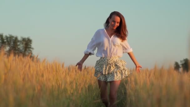 身着裙子和白衬衫的年轻女子，手拉着麦子，穿过麦田. — 图库视频影像