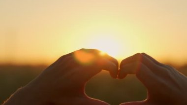 Gün batımında aşk kalbi şeklinde bir elin silüeti. Gün batımı siluetiyle kalp şeklinde eller.