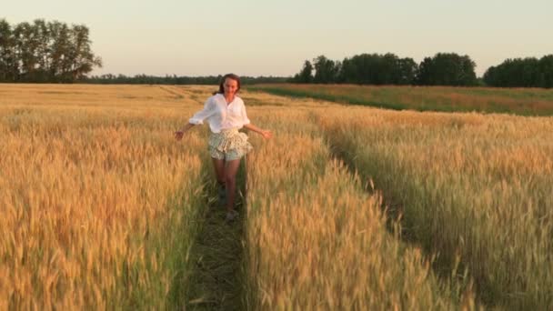 Mulher feliz em câmera lenta corre pelo campo, tocando as orelhas de trigo com a mão e salta levantando a mão — Vídeo de Stock