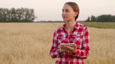 Woman technologist agronomist with tablet computer sends data to the cloud. Smart farming and digital agriculture.