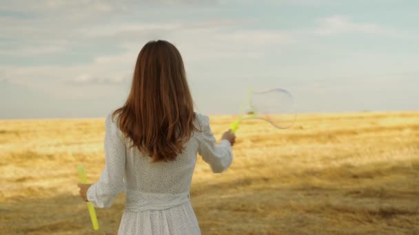 Woman blows soap bubbles against the background of a wheat field — Stock videók