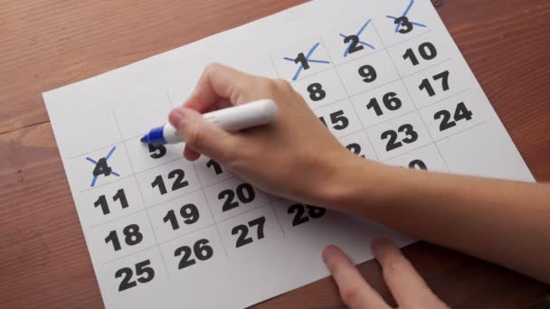 Handen korsar dagarna i kalendern med en blå markör. Närbild av en kalender som visar dagar — Stockvideo