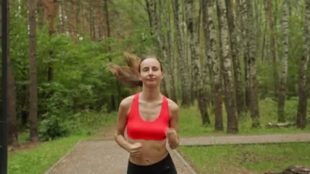 Mujer joven corre a través de un colorido bosque de otoño - ella está haciendo su ejercicio de correr al aire libre — Vídeos de Stock