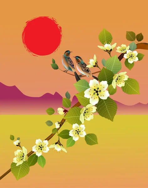 Sakura, Bird. Vykort . — Stock vektor