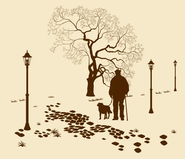 Soledad, un paseo por el parque hombre con un perro — Vector de stock