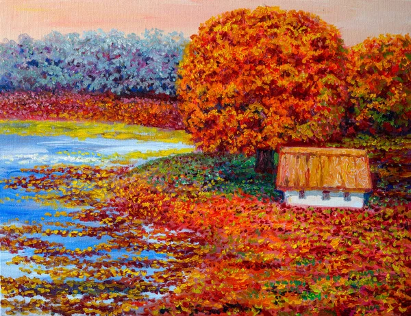 Oil Painting Autumn Landscape Yellow Red Tree River Bank Farmhouse — Stock Photo, Image